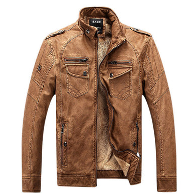 Mens Winter Velvet Plus Thick Warm Stylish Motor Yellow Faux Washed Leather Jackets 