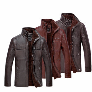 Mens PU Leather Jacket Stand Collar Velvet Thicker Warm Winter Coat Outwear Size XS-3XL