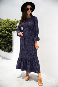 Autumn Printed Polka Dot Smocking Long Sleeve Dress Long Dress