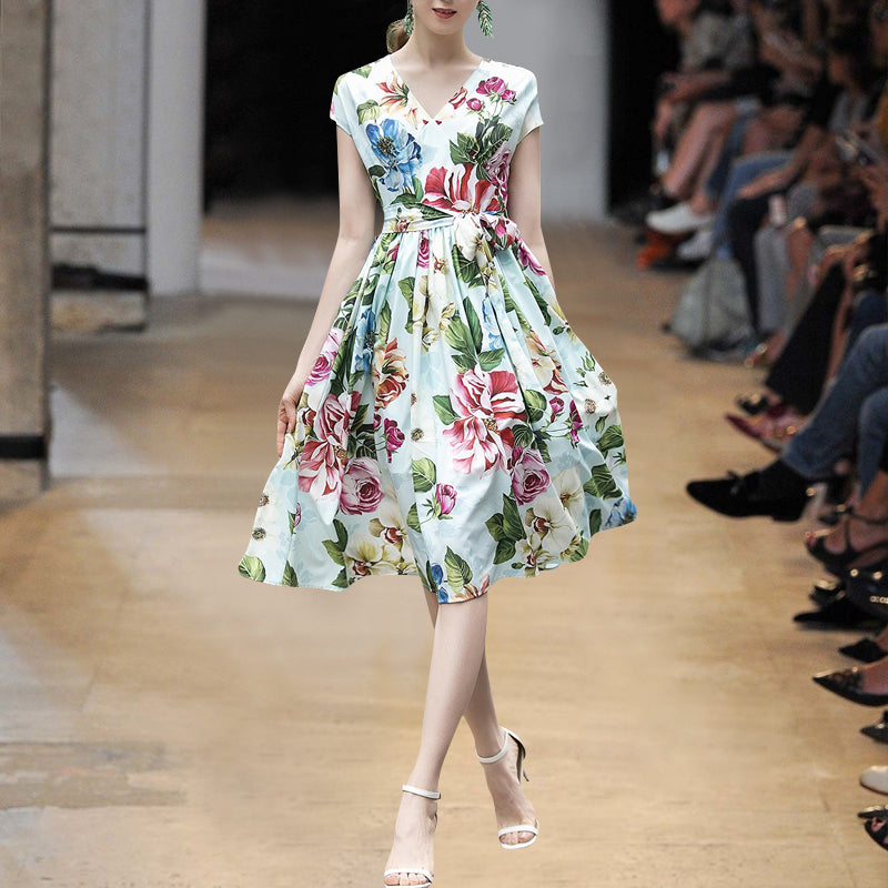 Floral Printing Waistband Elegant Show Thin Dress Trend