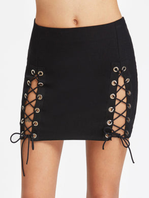 Double Slit Lace Up Mini Skirt
