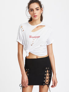 Double Slit Lace Up Mini Skirt