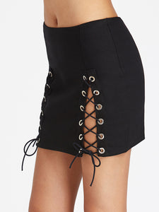 Double Slit Lace Up Mini Skirt