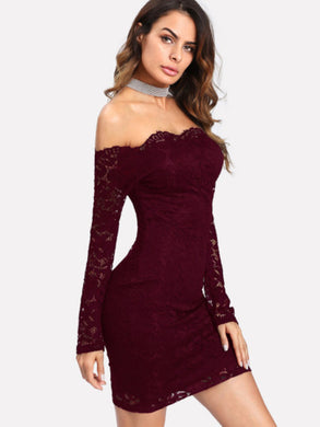 Floral Lace Overlay Bardot Bodycon Dress