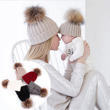 Load image into Gallery viewer, 2PCS/set Mom Mother+Baby Knit Pom Bobble Hat Kids Girls Boys Winter Warm Beanie Hats Accessories