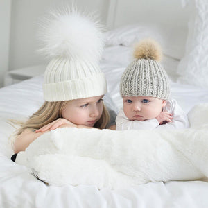 2PCS/set Mom Mother+Baby Knit Pom Bobble Hat Kids Girls Boys Winter Warm Beanie Hats Accessories