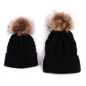 2PCS/set Mom Mother+Baby Knit Pom Bobble Hat Kids Girls Boys Winter Warm Beanie Hats Accessories