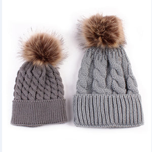 2PCS/set Mom Mother+Baby Knit Pom Bobble Hat Kids Girls Boys Winter Warm Beanie Hats Accessories