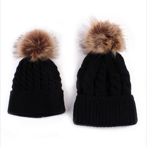 2PCS/set Mom Mother+Baby Knit Pom Bobble Hat Kids Girls Boys Winter Warm Beanie Hats Accessories