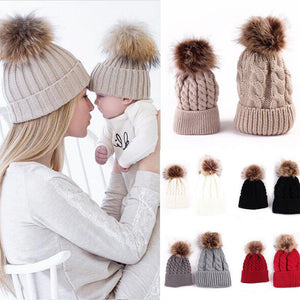 2PCS/set Mom Mother+Baby Knit Pom Bobble Hat Kids Girls Boys Winter Warm Beanie Hats Accessories