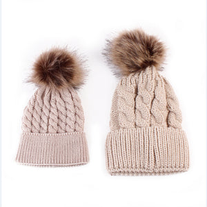 2PCS/set Mom Mother+Baby Knit Pom Bobble Hat Kids Girls Boys Winter Warm Beanie Hats Accessories
