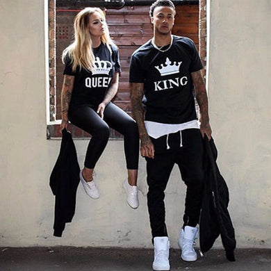 NEW KING QUEEN Letter Printed Black Tshirts OMSJ Summer Casual Cotton Short Sleeve Tees Tops Brand Loose Couple Tops