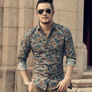 New Fashion Casual Men Shirt Long Sleeve Europe Style Slim Fit Shirt Men High Quality Cotton Floral Shirts Mens Clothes
