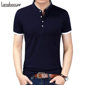 Summer New Fashion Brand Clothing Tshirt Men Solid Color Slim Fit Short Sleeve T Shirt Men Mandarin Collar Casual T-Shirts