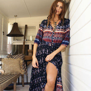 New Bohemian printing long dress women maxi long dress floral print retro hippie vestidos chic brand clothing boho dress