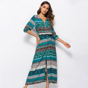 New Bohemian printing long dress women maxi long dress floral print retro hippie vestidos chic brand clothing boho dress