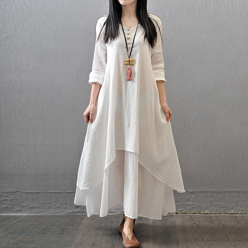 2019 spring and autumn new fake two long skirts literary big swing linen dress loose long-sleeved cotton skirt