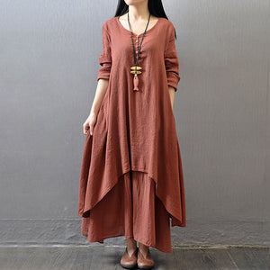 2019 spring and autumn new fake two long skirts literary big swing linen dress loose long-sleeved cotton skirt