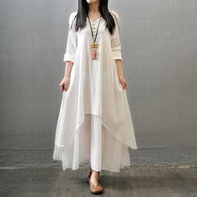 Load image into Gallery viewer, 2019 spring and autumn new fake two long skirts literary big swing linen dress loose long-sleeved cotton skirt