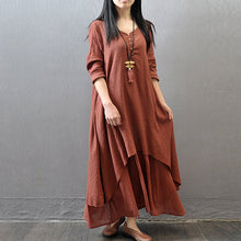 Load image into Gallery viewer, 2019 spring and autumn new fake two long skirts literary big swing linen dress loose long-sleeved cotton skirt