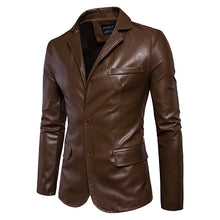 Load image into Gallery viewer, Mens Lapel Collar Slim Fit Black Fashion Faux Leather Jacket