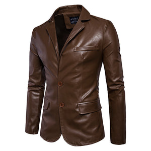 Mens Lapel Collar Slim Fit Black Fashion Faux Leather Jacket