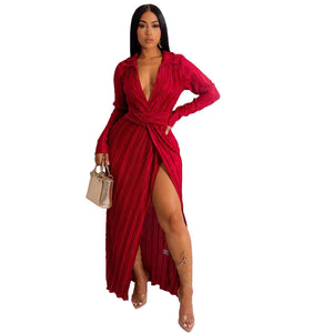 European And American Slit Dress Autumn And Winter New V-neck Long Sleeve Pleated Dress