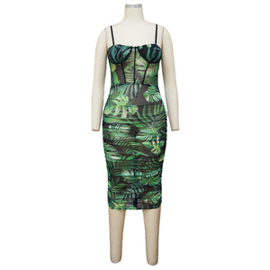 Pleated Slim-fit Spaghetti-strap Floral Print Dress