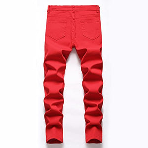 Boy's Ripped Distressed Skinny Fit Knee Zipper Solid Color Stretch Slim Fashion Jeans Pants,Red,14