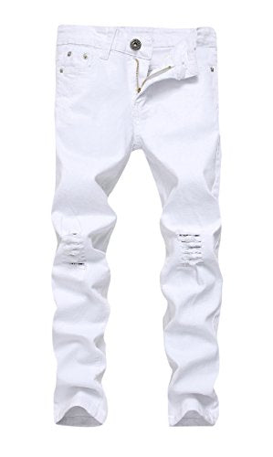 Boy's White Skinny Fit Ripped Destroyed Distressed Stretch Slim Jeans Pants