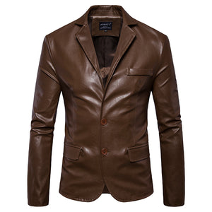 Mens Lapel Collar Slim Fit Black Fashion Faux Leather Jacket