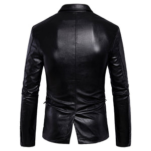 Mens Lapel Collar Slim Fit Black Fashion Faux Leather Jacket