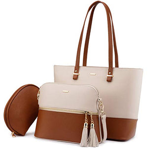 Handbags for Women Shoulder Bags Tote Satchel Hobo 3pcs Purse Set Pearlescent-Khaki