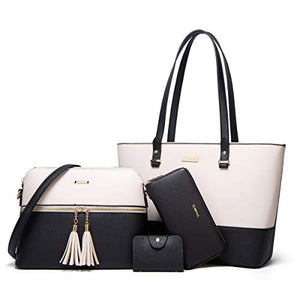 Women Fashion Handbags Tote Bag Shoulder Bag Top Handle Satchel Purse Set 4pcs (Beige)