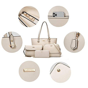 Women Fashion Handbags Tote Bag Shoulder Bag Top Handle Satchel Purse Set 4pcs (Beige)