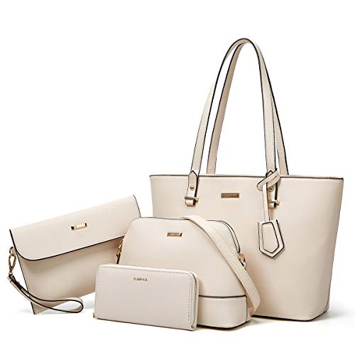 Women Fashion Handbags Tote Bag Shoulder Bag Top Handle Satchel Purse Set 4pcs (Beige)