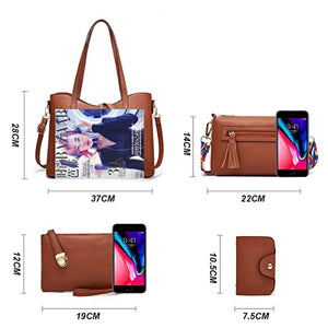 Women Fashion Handbags Tote Bag Shoulder Bag Top Handle Satchel Purse Set 4pcs (Beige)