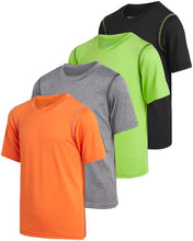 Load image into Gallery viewer, Black Bear Boys’ Athletic T-Shirt – 4 Pack Active Performance Dry-Fit Sports Tee (4-18), Size Large (12/14), Black/Green/Grey/Orange