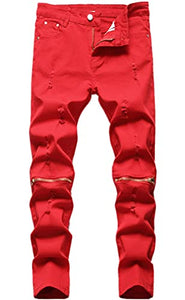 Boy's Ripped Distressed Skinny Fit Knee Zipper Solid Color Stretch Slim Fashion Jeans Pants,Red,14