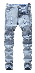 Boys Stylish Moto Biker Skinny Ripped Wrinkled Stretch Fit Light Blue Denim Jeans,Light Blue