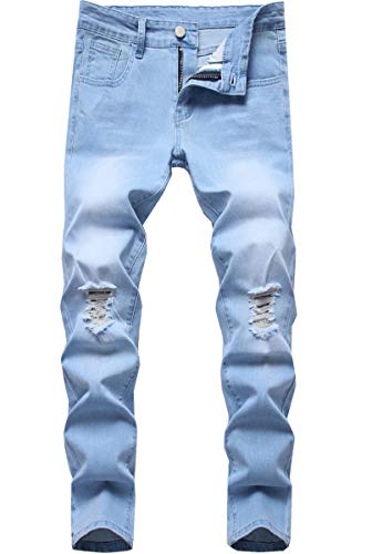 Boy's Skinny Fit Elastic Waist Ripped Distressed Stretch Fashion Denim Jeans Pants,Light Blue,16