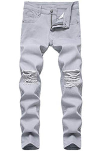 Boy's White Skinny Fit Ripped Destroyed Distressed Stretch Slim Jeans Pants