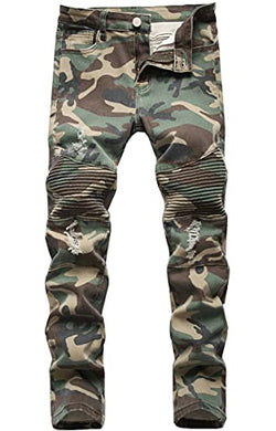 Boy's Fashion Skinny Fit Ripped Destroyed Distressed Stretch Biker Moto Wrinkled Camo Jeans Pants,L0083,14