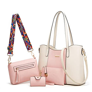 Women Fashion Handbags Tote Bag Shoulder Bag Top Handle Satchel Purse Set 4pcs (Beige)