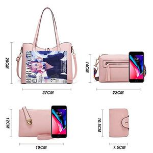 Women Fashion Handbags Tote Bag Shoulder Bag Top Handle Satchel Purse Set 4pcs (Beige)