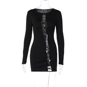 Diamond Chain Stitching Hollowed Out Long-sleeved Dress For Women