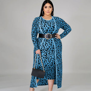 Casual Leopard Print Long Sleeve Jacket Vest Dress