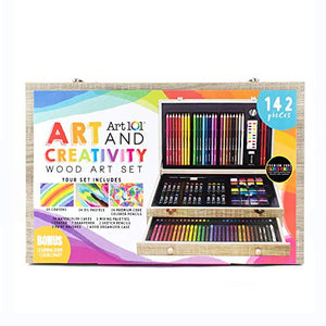 Art 101 Doodle and Color 142 Pc Art Set in a Wood Carrying Case, Includes 24 Premium Colored Pencils, A variety of coloring and painting mediums: crayons, oil pastels, watercolors; Portable Art Studio