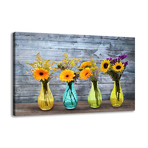 Wall Art for Bathroom, Yellow Daisy Flower Painting Print on Canvas for Spa Office Living Dining Room Over the Master Bedroom Wall Decoration Modern Canvas Prints and Posters Artwork Floral in Bottle