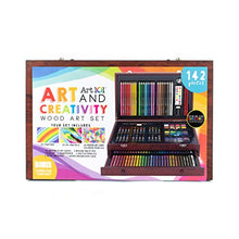 Load image into Gallery viewer, Art 101 Doodle and Color 142 Pc Art Set in a Wood Carrying Case, Includes 24 Premium Colored Pencils, A variety of coloring and painting mediums: crayons, oil pastels, watercolors; Portable Art Studio